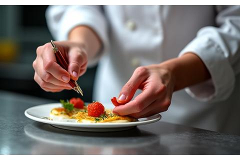 Dynamic shot of a chef meticulously garnishing a dish in a professional kitchen, demonstrating precision.