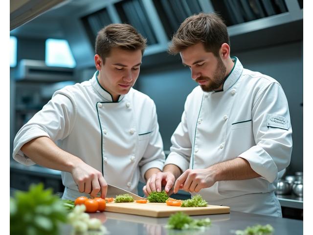 Professional culinary team collaborating in a pristine kitchen, focused on preparing dishes.