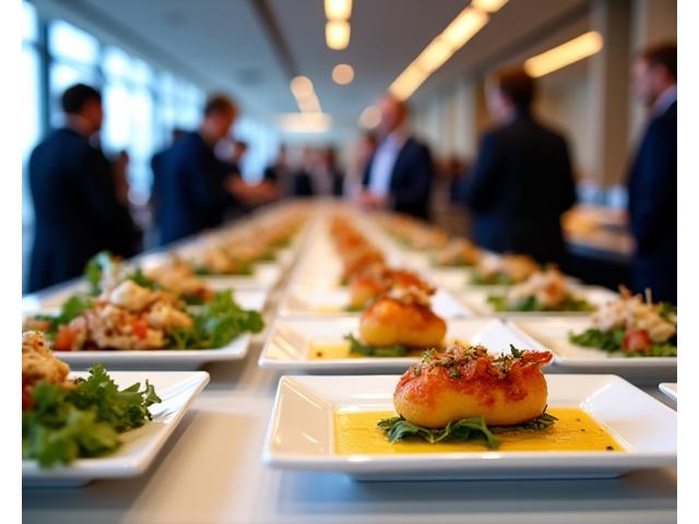 Professional corporate event with catering buffet featuring diverse dishes and well-dressed attendees networking.