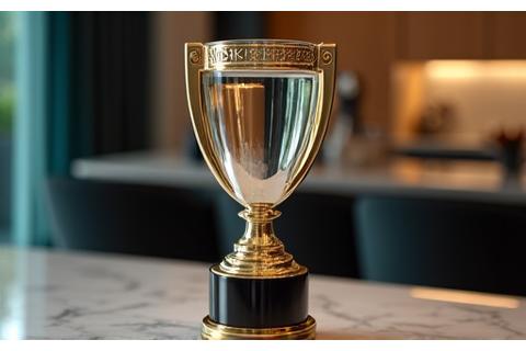 Close-up of a gleaming culinary award trophy with blurred kitchen background.