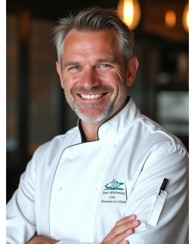Portrait of a smiling, experienced executive chef in a professional chef's jacket.