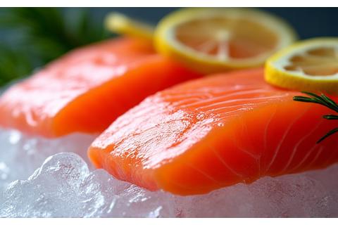Chef inspecting freshly caught salmon fillets on ice, emphasizing quality seafood sourcing.