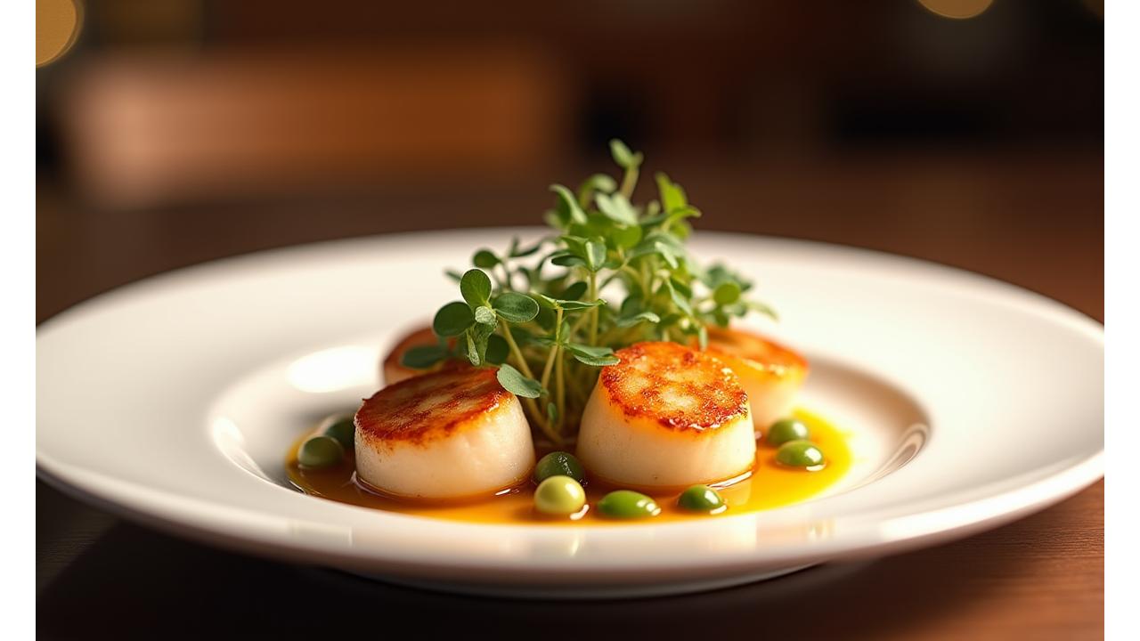 Close-up of a perfectly plated gourmet dish, showcasing fresh ingredients and artistic presentation at a luxury hotel restaurant.