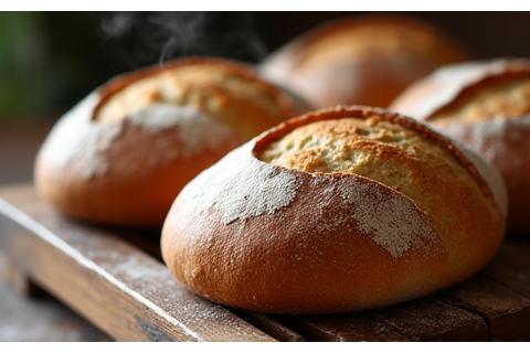 Artisanal sourdough loaves cooling on a rack, showcasing handcrafted local products.