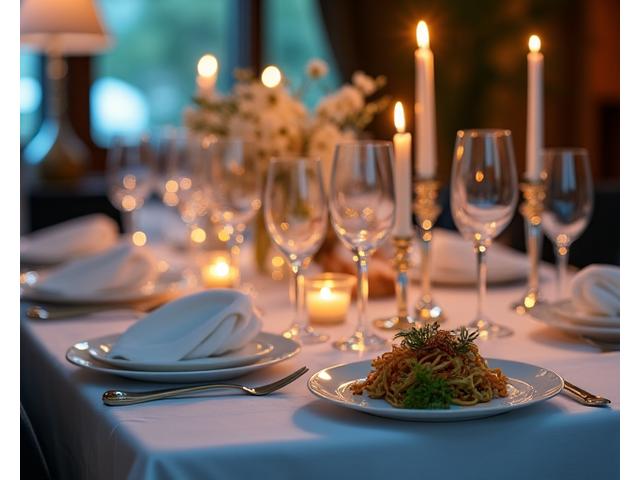 Intimate private dinner party setup in a luxurious home, with beautifully plated dishes and elegant decor.