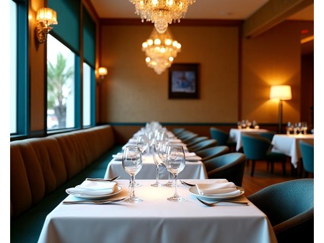 Elegant fine dining restaurant interior with warm lighting and artful place settings, ready for guests.