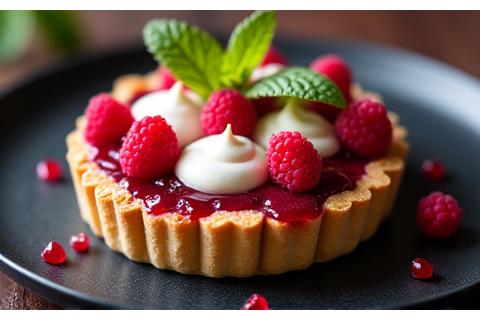 Decadent chocolate dessert with forest berries and edible flowers, showcasing seasonal ingredients.