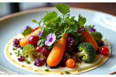 Vibrant, artistic vegan dish presented beautifully, with fresh vegetables and herbs.