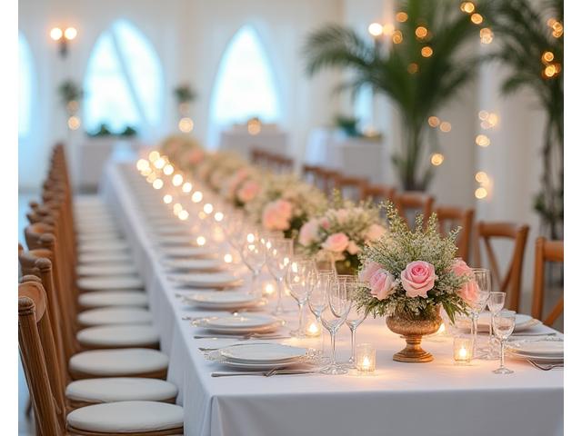 Elegantly set wedding reception table with fine china, floral centerpieces, and delicate pastries.