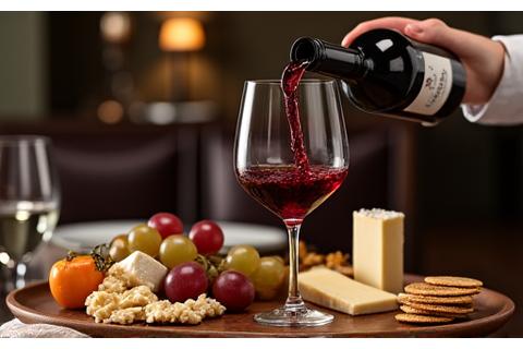 Sommelier pouring red wine into a glass next to a gourmet cheese board, illustrating perfect wine pairing.