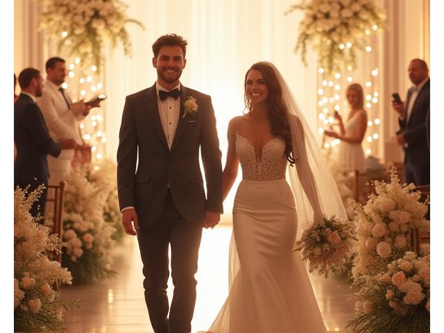A happy newlywed couple walking through beautifully decorated wedding aisles