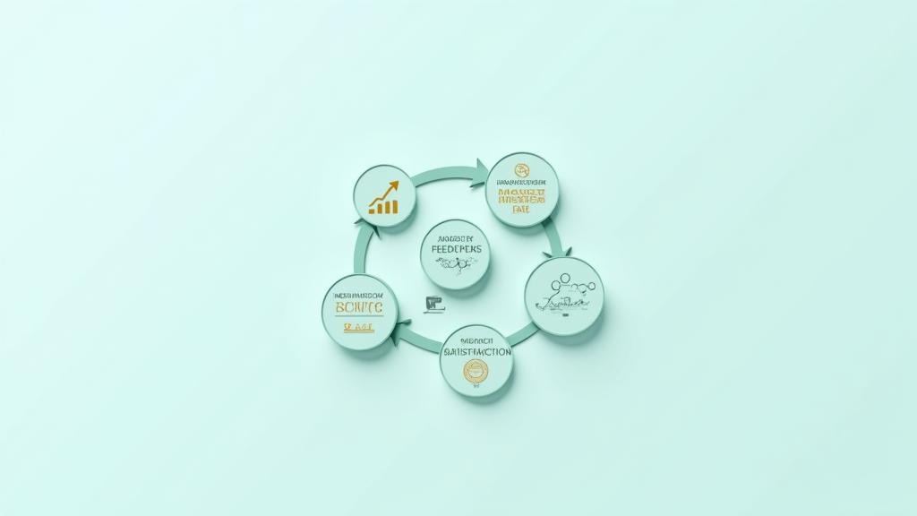 A minimalist infographic showing a cyclical process of data collection, analysis, improvement, and re-evaluation, representing continuous guest experience optimization.