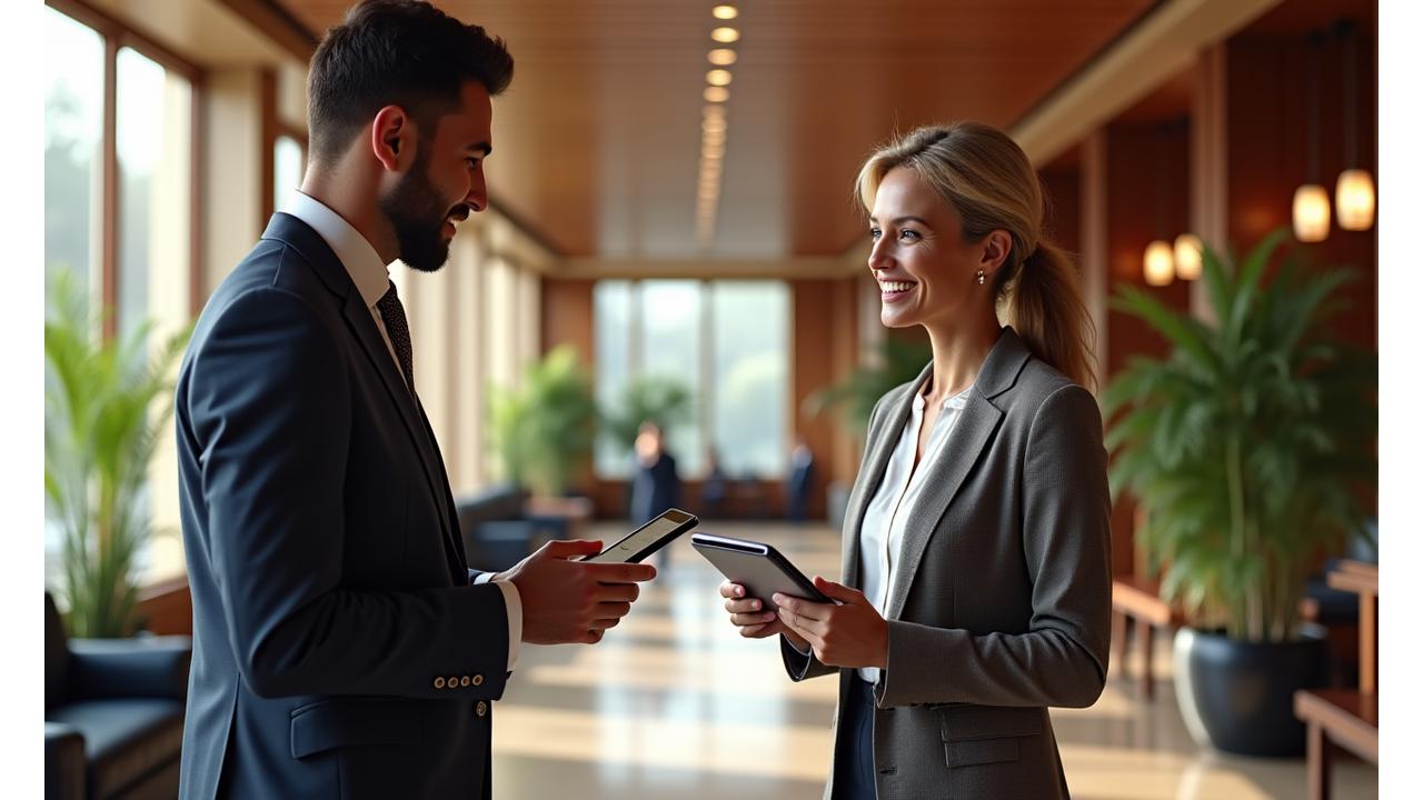 An elegant hotel lobby where a concierge warmly greets a guest, illustrating personalized service.