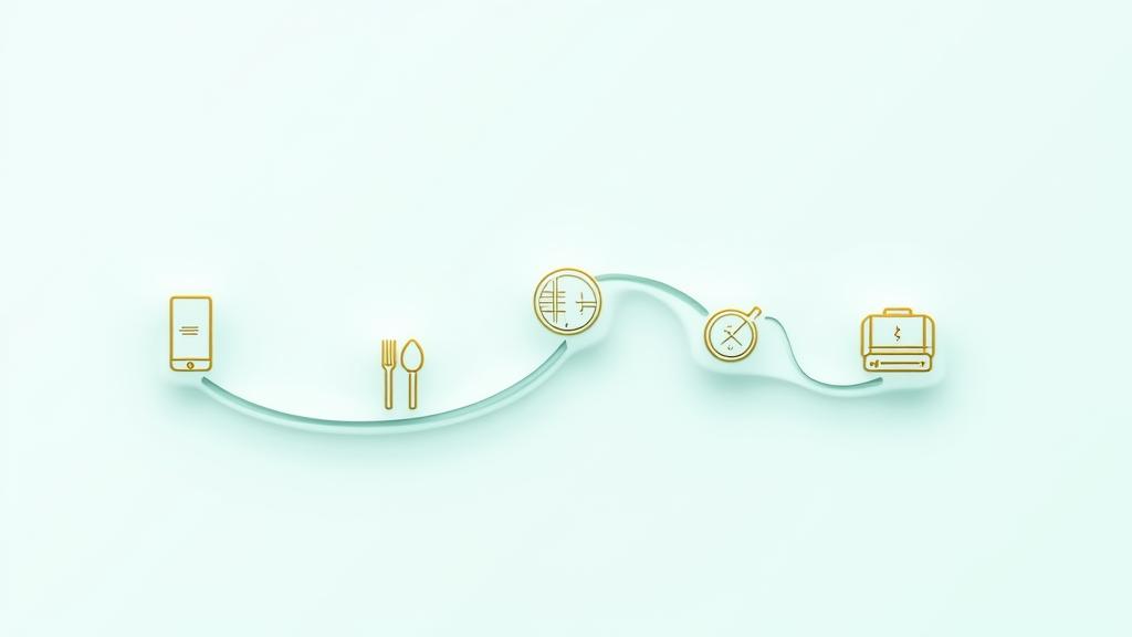 A beautifully designed infographic depicting the journey of a guest, with various touchpoints illustrated by icons and subtle connections.
