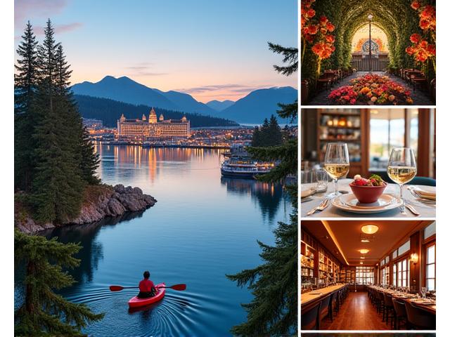 A vibrant collage showcasing iconic Victoria BC landmarks and local experiences, such as the Inner Harbour, Butchart Gardens, and local artisan shops.