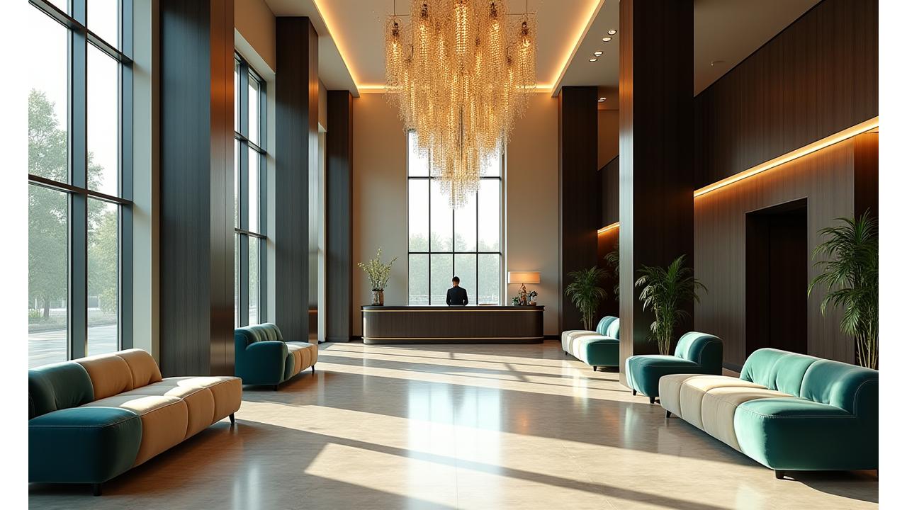 Stunning Grand Hotel Lobby with Elegant Chandelier and Professional Staff