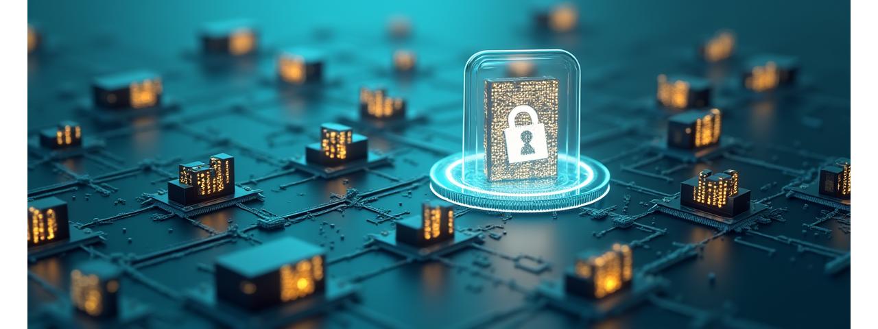 Abstract depiction of secure data flow, with encrypted data packets moving between stylized servers and user devices, representing responsible information handling.