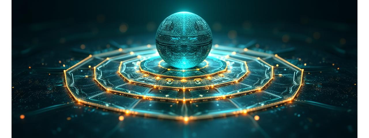 Diagrammatic representation of cybersecurity layers, including firewalls, encryption algorithms, and secure access points, surrounded by a subtle digital glow.