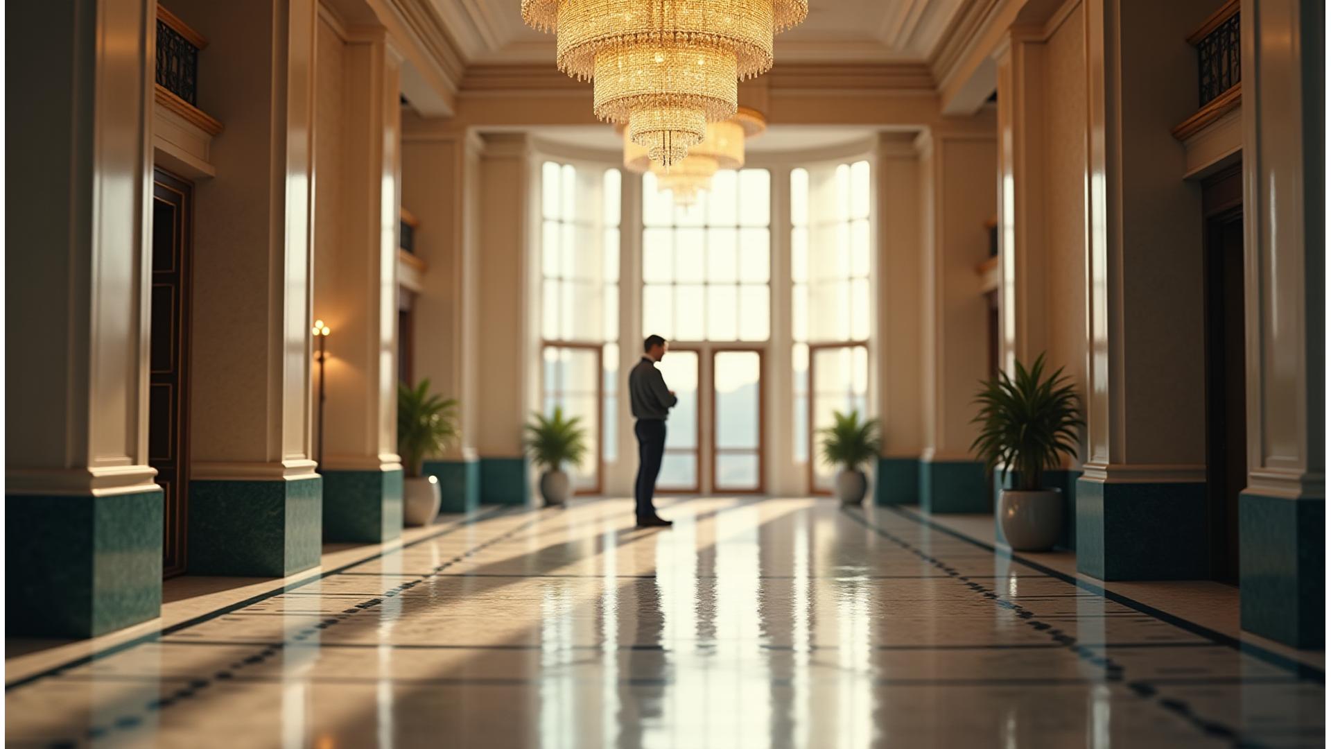 Immaculately maintained grand hotel lobby, a crystal chandelier sparkling overhead, with a faint, respectful presence of a maintenance professional in the background ensuring perfection.