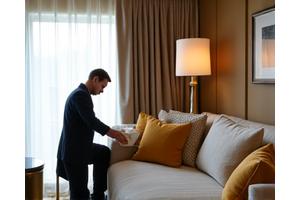 A hotel room undergoing a subtle, high-end refresh, with a designer inspecting fabric swatches, emphasizing interior upkeep without disruption.