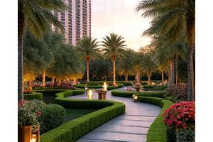 Manicured luxury hotel gardens at dusk, with soft accent lighting, hinting at dedicated landscaping.