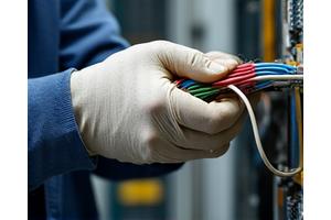 A skilled technician expertly managing complex electrical wiring in a neat server room, highlighting precision and reliability.