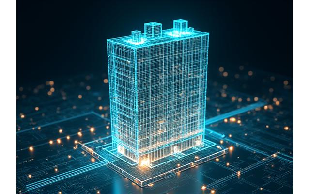 A stylized futuristic graphic overlay on a blueprint of a luxury hotel, showing predictive maintenance data analysis, with gears and circuits, highlighting technology and foresight.
