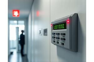 A fire alarm panel with a 'system normal' indicator, alongside a first aid kit and an emergency exit sign, symbolizing robust safety measures.