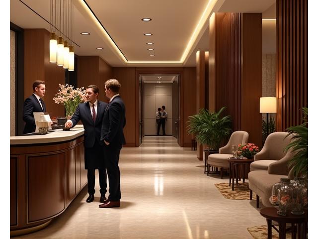 Hotel lobby with staff interacting with guests, showcasing a seamless, personalized experience.