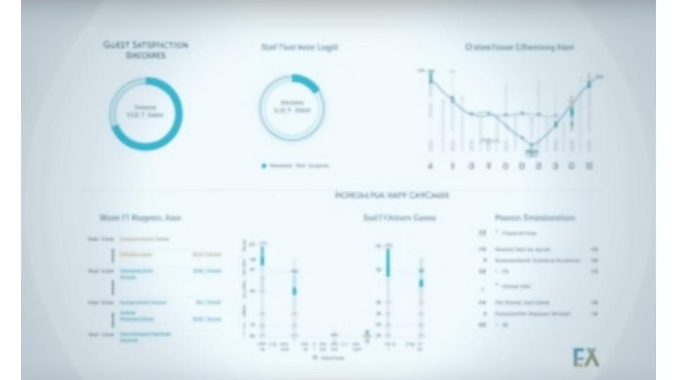 A clean, modern dashboard display with various charts and graphs showing positive trends in guest satisfaction, staff engagement, and operational efficiency.