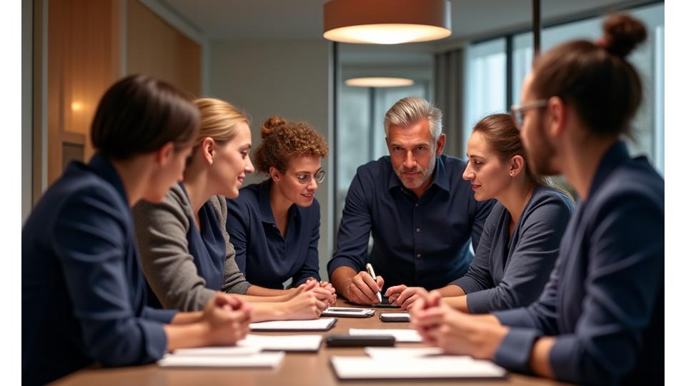 Diverse group of hotel staff engaged in a professional development training session, looking attentive and collaborative. Focus on interactive learning.