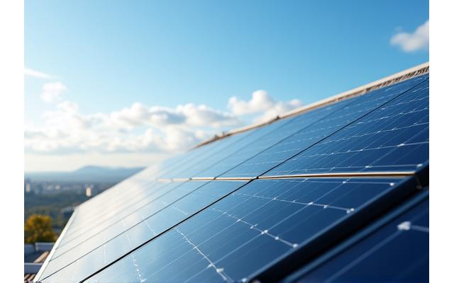 Photovoltaic solar panels on a luxury hotel roof against a blue sky, symbolizing renewable energy and efficiency.