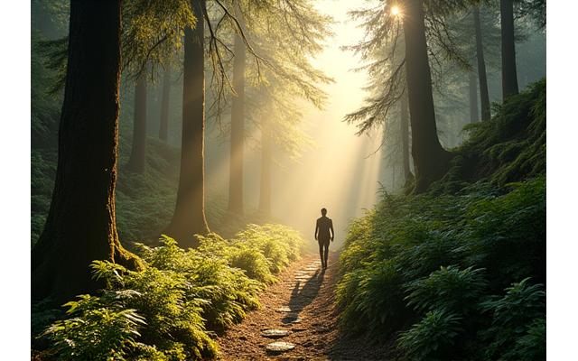 A tranquil forest path with dappled sunlight, inviting mindful contemplation and forest bathing.