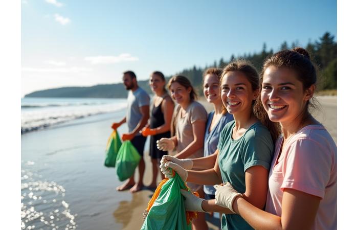 A diverse group of hotel guests happily participating in a beach cleanup activity on a scenic Victoria shoreline.