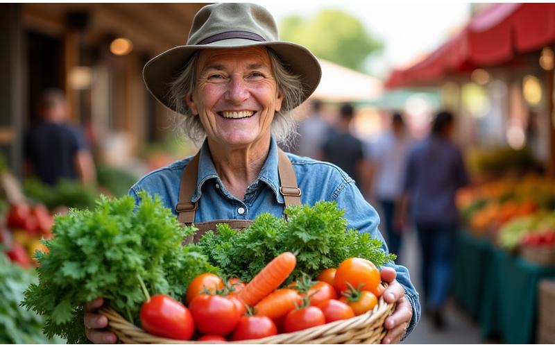 A farmer proudly presents fresh, organic vegetables at a bustling Victoria farmers' market, with blurred marketgoers in the background.