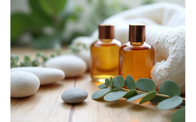 A serene spa setting with natural wood, delicate plants, and organic botanical products on display, emphasizing natural wellness.