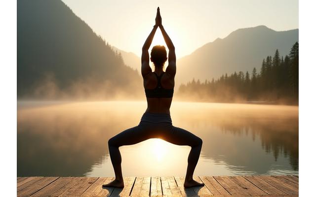 A person in a tranquil yoga pose overlooking a calm lake surrounded by mountains at sunrise, embodying outdoor wellness.