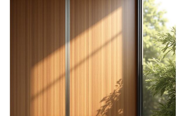 Close-up of elegant, sustainably sourced wood grain with natural light, illustrating eco-friendly building materials.