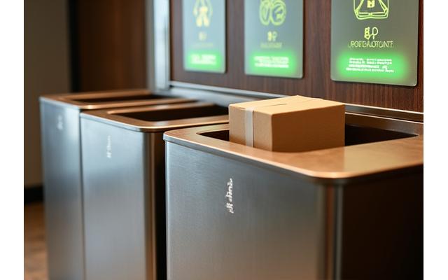 An organized recycling station with separate bins for plastic, paper, and organic waste in a clean, modern setting.