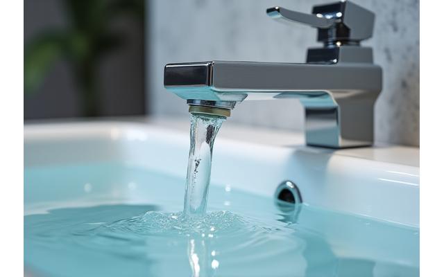 A sleek, modern faucet with a single drop of water falling into a basin, representing water conservation technology.