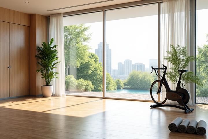 Modern, airy fitness studio within a luxury hotel, equipped with state-of-the-art exercise machines, yoga mats, and large windows overlooking a serene garden, promoting health and wellness.