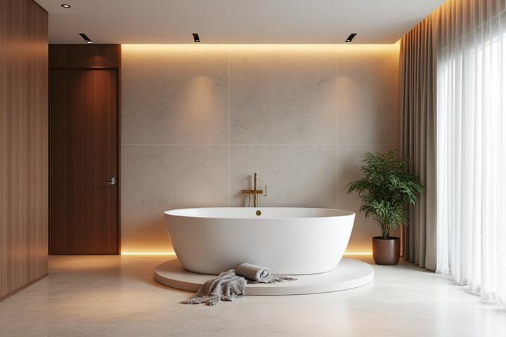 Elegant and spacious hotel suite bathroom featuring a large, freestanding bathtub with soft lighting, natural textures, and high-end fixtures, designed for ultimate relaxation and a spa-like experience.