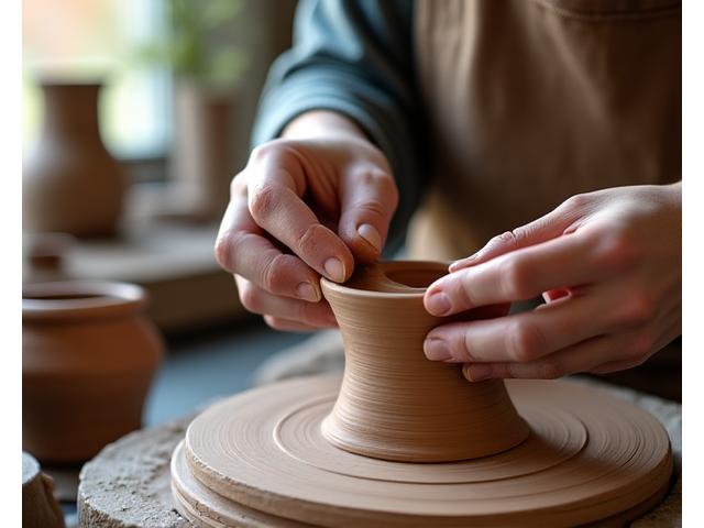 Close-up of hands crafting intricate ceramic pottery on a potter's wheel during an artisan workshop, with natural light highlighting the texture of the clay and the focused detail.