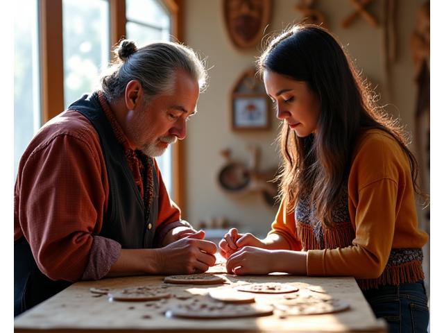 Indigenous First Nations artist demonstrating traditional carving techniques in a modern spacious workshop, surrounded by natural light and intricate artwork, providing a cultural learning experience.