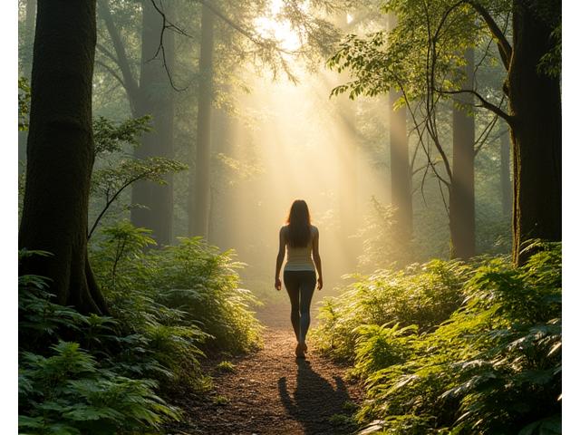 A serene individual practicing forest bathing (Shinrin-yoku) in a dense, mossy temperate rainforest. sunlight filters through the canopy, creating a peaceful, grounding atmosphere.