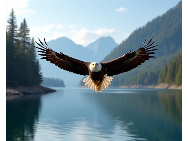 A majestic Bald Eagle in flight over a pristine coastal inlet near Victoria, with towering evergreen trees and calm water below, captured in sharp detail.