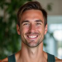 Portrait of Kai Sullivan, a vibrant and approachable male yoga and movement therapist with a strong, athletic build and an encouraging smile, conveyng energy and expertise.