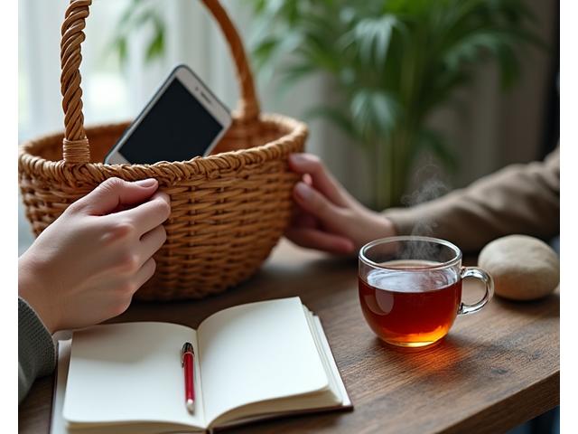 A person's hands placing a smartphone into a woven basket alongside a calming cup of herbal tea and a journal, symbolizing a digital detox and reconnection with simple pleasures.