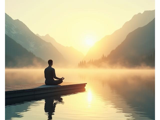 Person meditating peacefully on a tranquil lake dock at sunrise, surrounded by calm waters and misty mountains, embodying mindfulness.