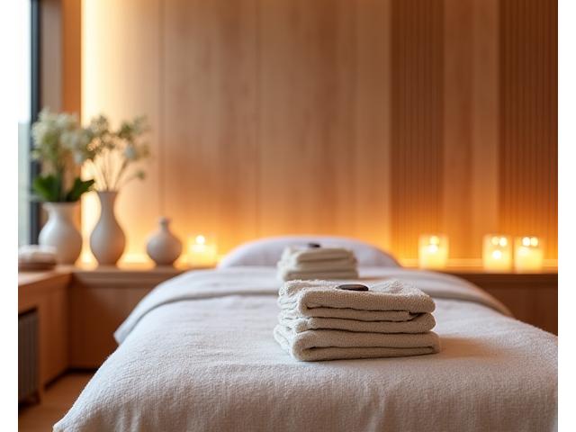 Luxurious spa treatment room with soft lighting, natural wood, and serene atmosphere, featuring a warm stone massage setup and aromatic candles, ready for rejuvenation.